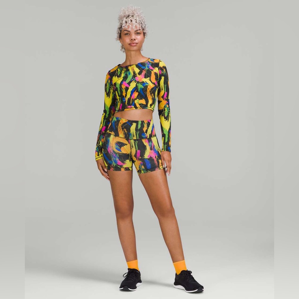 🍋Lululemon Wunder Train Cropped Long Sleeve Shirt Undertone Black Multi Size 4